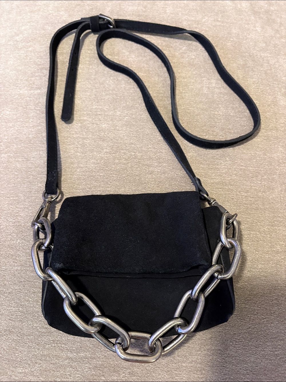 Free People Black Suede Crossbody Bag with Chunky Chain
